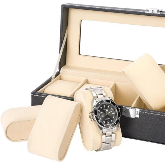 NEW -  Leather Watch Box Display Case &Jewelry Organizer with Glass Top - Picture 4 of 6